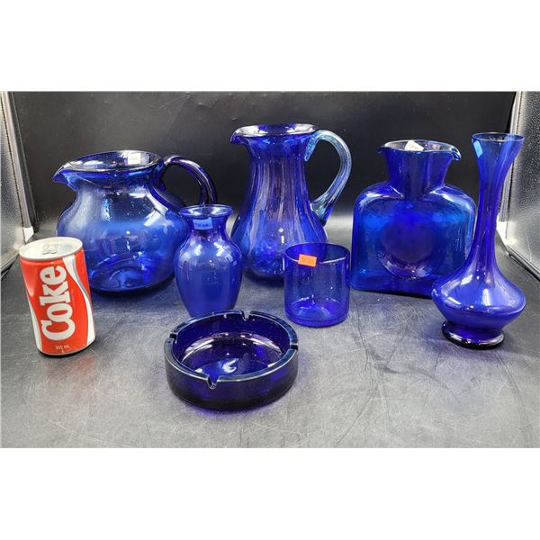 Small Cobalt Blue Glass Vases, Pitchers, Glass & Ashtray