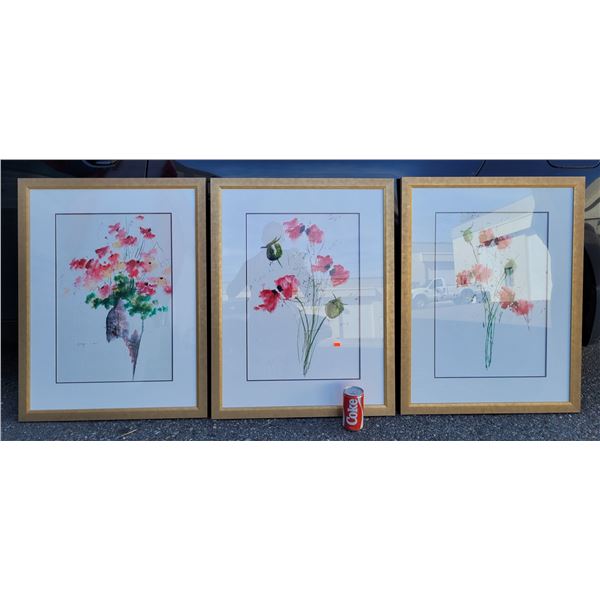 3 Framed Original Watercolor Flower Paintings