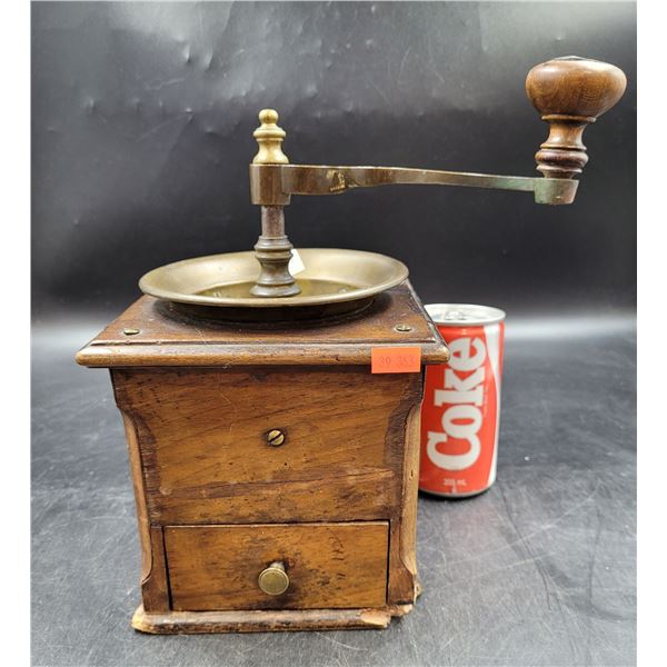 Mid 1800's Brass Burl Mahogany & Exotic Wood Inlay Coffee Grinder