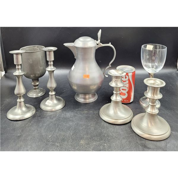 Vintage Pewter Coffee/Tea Jug Pitcher, Candle Holders & Glasses