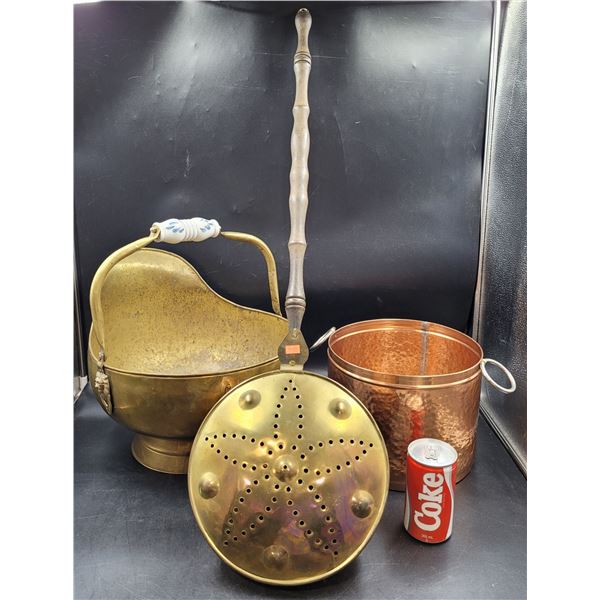 Vintage Brass Bed Warmer, Coal Scuttle, and Copper Pot