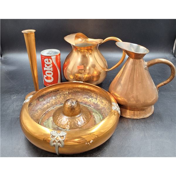 Copper Pitchers, Candleholder, and Dish