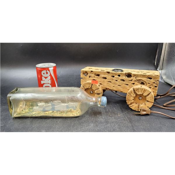 Vintage Cholla Cactus Covered Wagon Lamp & Ship In Glass Bottle