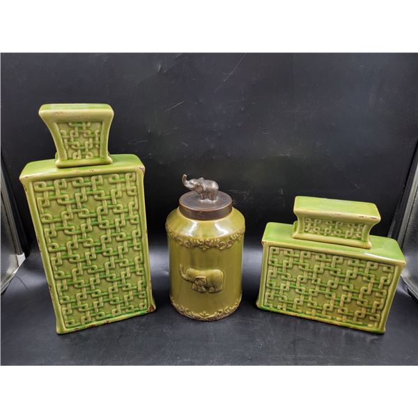 Green Patterned Ceramic Canisters
