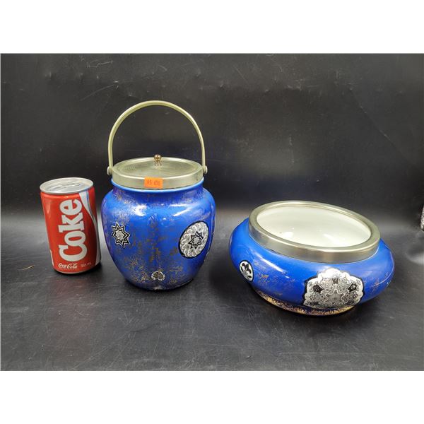 Osaka J.K.L Fenton Blue & Gold Jar & Dish