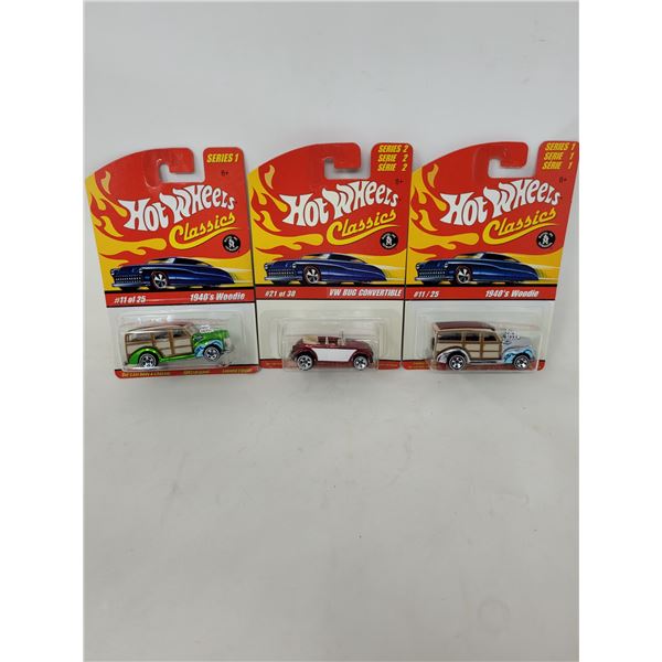 Hot Wheels Classics "VW Bug Convertible" & 2 "1940's Woodies"