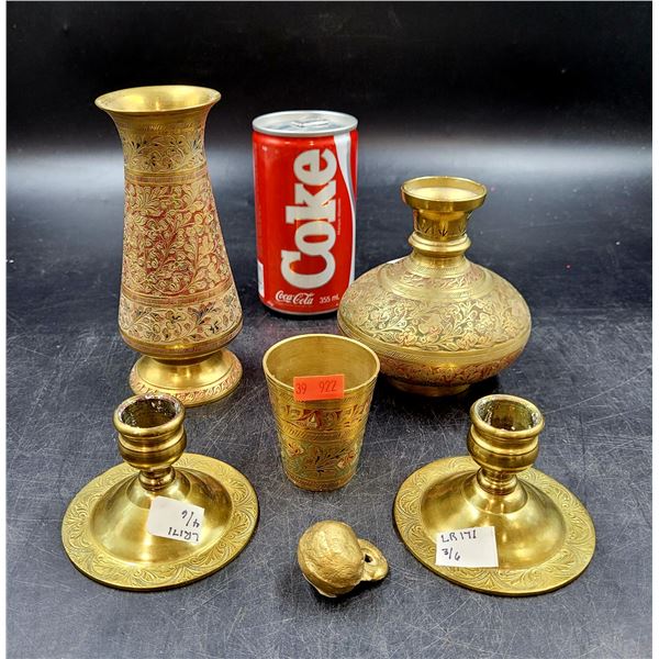 Brass Ornate Colored 2 Vases, 1 Cup, 1 Stopper & 2 Short Candle Sticks Made In India