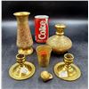 Image 1 : Brass Ornate Colored 2 Vases, 1 Cup, 1 Stopper & 2 Short Candle Sticks Made In India