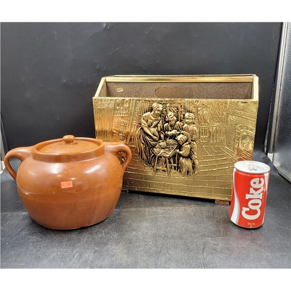 Brass Embossed Magazine Holder & Ceramic Pot