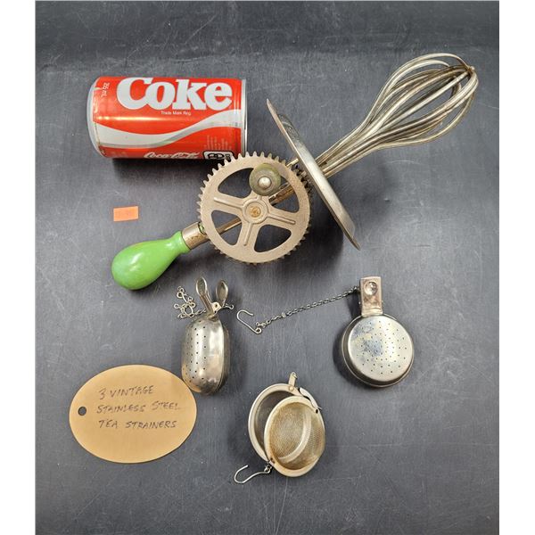 Vintage Mixing Tool & 3 Stainless Steel Tea Strainers
