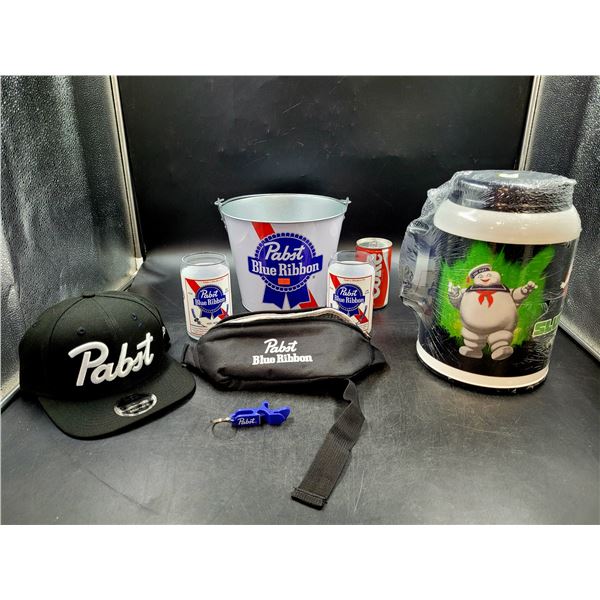 Pabst Blue Ribbon Advertising Lot & Ghost Busters 7-Eleven Drinking Jug