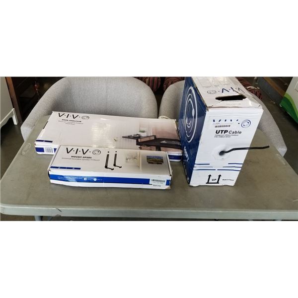 VIVO SPEAKER MOUNTS, DESKTOP SHELF RISER AND BOX OF CAT 6 CABLE