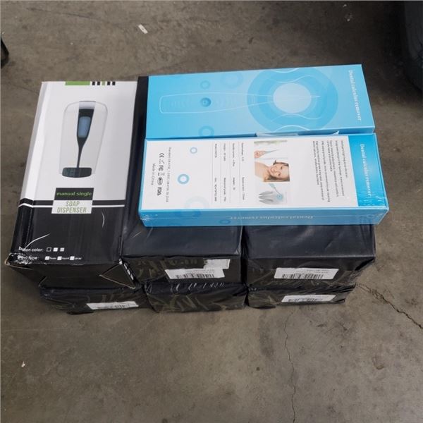 6 NEW WALL MOUNT SOAP DISPENSERS AND 2 NEW WATER FLOSSERS
