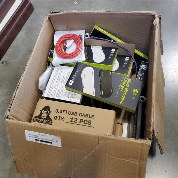 BOX OF NEW MICRO USB CORDS, CHARGERS AND MORE