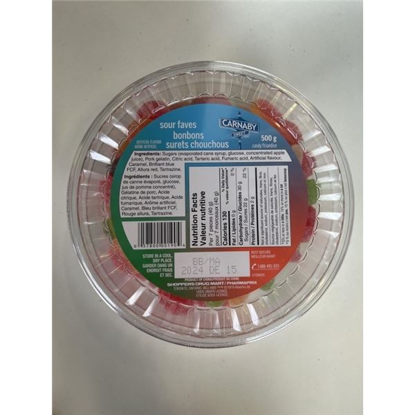 CASE OF NEW SOUR FAVS CANDY,  8 TUBS, 500G EACH BB DEC/2024