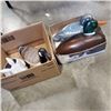 Image 1 : 3 WOODEN DUCK DECOYS, AND SOLAR RABBIT GARDEN LIGHT