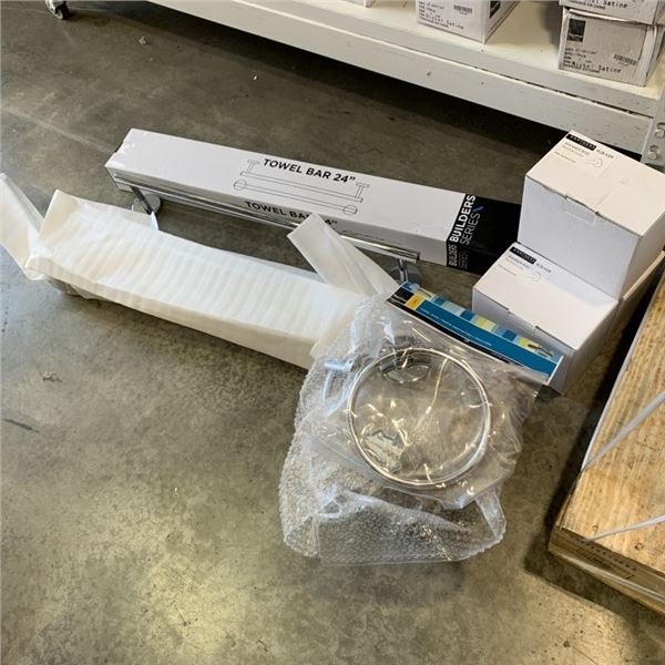 ASSORTED TOWEL BARS, RINGS AND SHOWER ROD BRAKETS