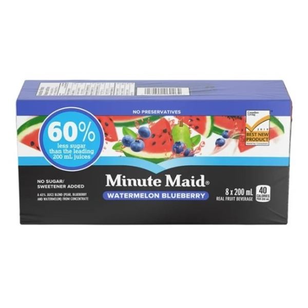3 FLATS OF MINUTEMAID WATERMELON BLUEBERRY JUICE BOXES - 9 PACKS OF 8 JUICE BOXES, BEST BEFORE JULY 