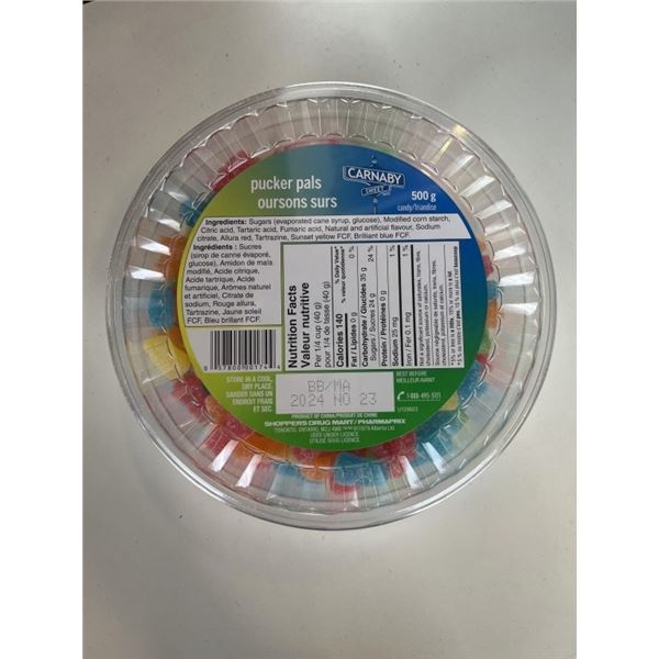 CASE OF NEW PUCKER PALS CANDY, (SOUR PATCH STYLE) 8 TUBS, 500G EACH BB NOV/2024