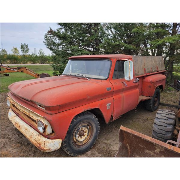 1964 Chev 1-ton, step side, 4spd, 6 cyl, c/w hoist, showing 80,645 km, runs, SN. 1C8601600092B