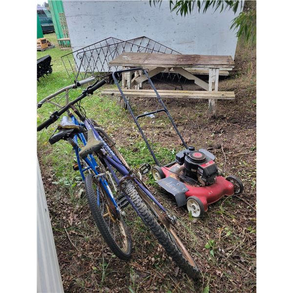 Picnic table, handrails, lawnmowers & bikes