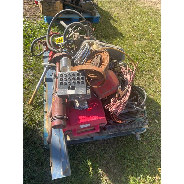 Oil, fluid pumps, misc. auto parts, booster cables, gas mask, grease guns & tie down straps