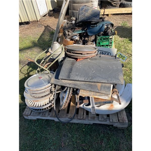 Auto parts, garage door spring, glass window, tiger torches, wheel wells, tail lights, grease, metal