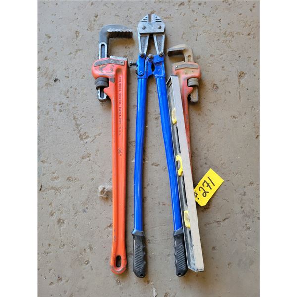Pipe wrenches, lock cutters & level