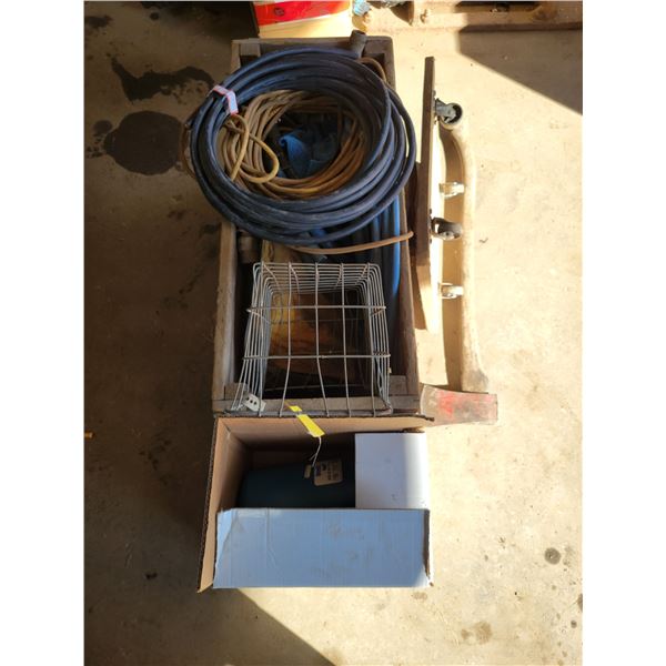 Wood crate c/w hoses, axe & plumbing fittings