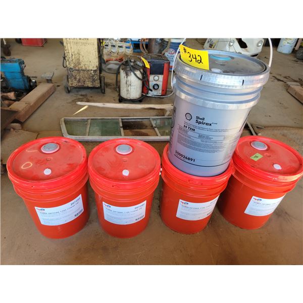 4- Pails of 15W40 oil, 1- Pail of trans fluid/hyd. etc.