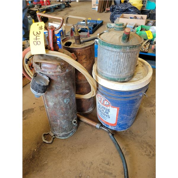 Vintage fire ext., old STP container & gas can, old sprayers