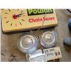 Image 2 : Poulan chainsaw sign, old first aid kit, 24 lb weigh scale & hub caps