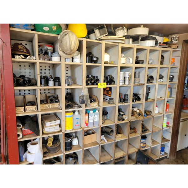 Pipe fittings, hard hats, TP dispensers & wooden shelf
