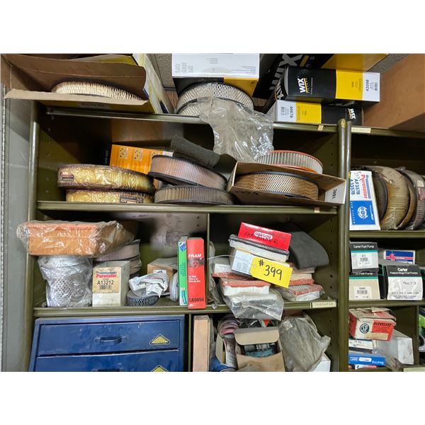 Contents of shelves (south wall) filters, brakes, bearings, lights, fitting etc.