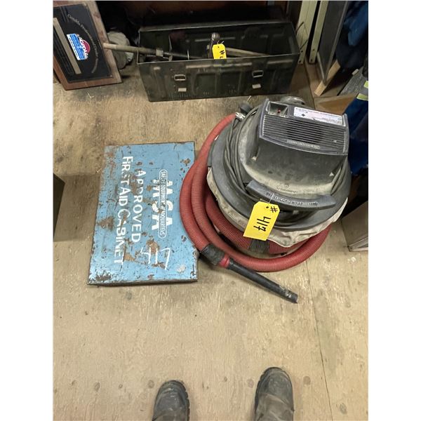 First aid cabinet & shop vac.