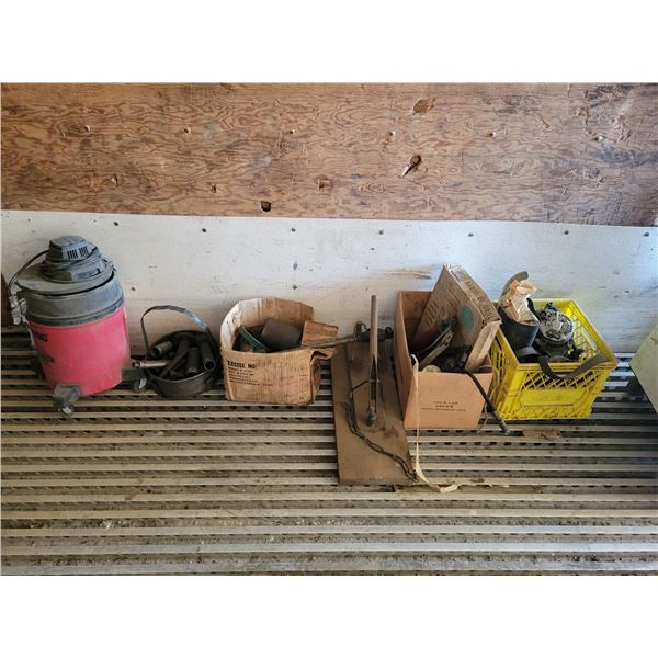 Sand bag, shop vac., starter, misc. wiring, grease guns, BBQ grill & metal