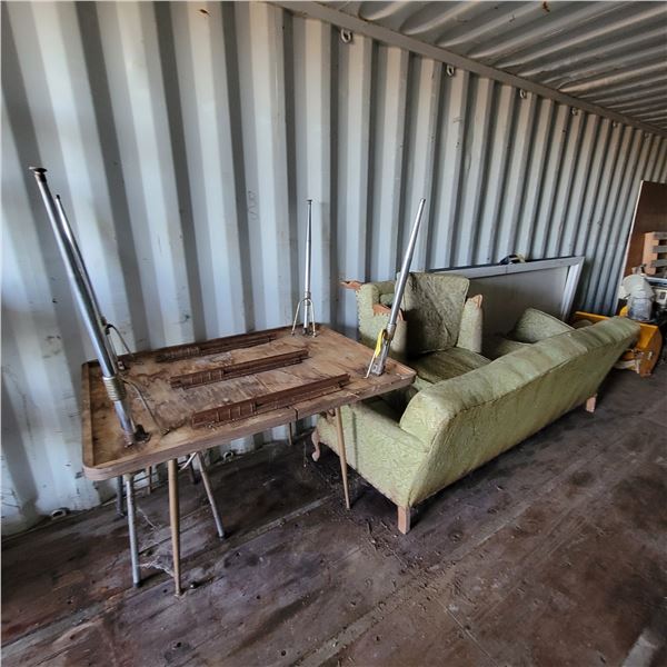 Wood table, old couch & chairs, metal door c/w frame