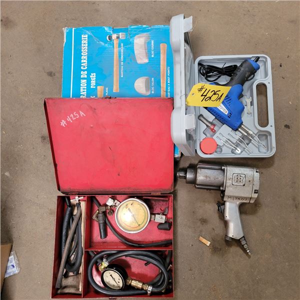 Snap on pressure gauges, air impact, soldering and 7pc auto body repair kit.