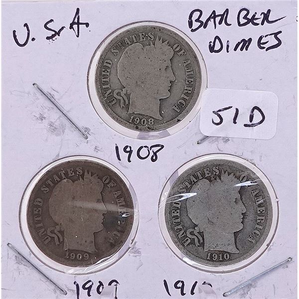 1908, 1909, 1910 Barber Dime Set
