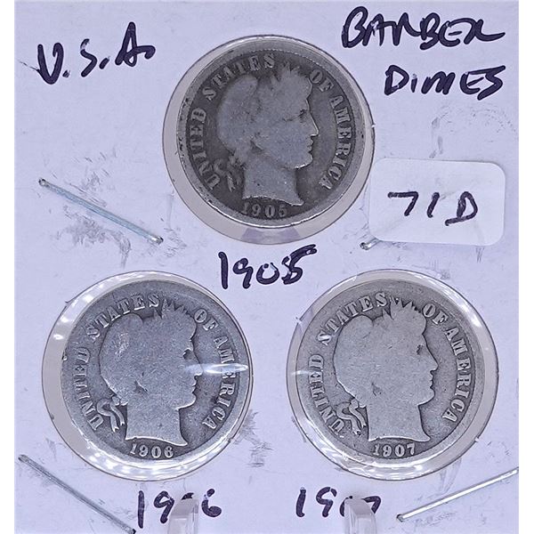 1905-S, 1906, 1907 Barber Dimes