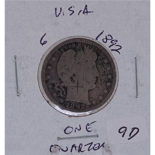 1892 Silver Barber Quarter