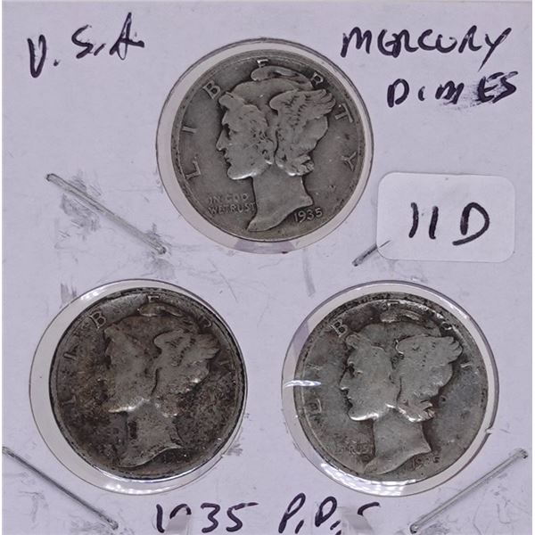 1935 P, D, S Mercury Dime Set