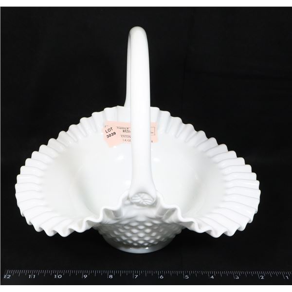 VINTAGE FENTON RUFFLED HOBNAIL MILK GLASS HANDLED
