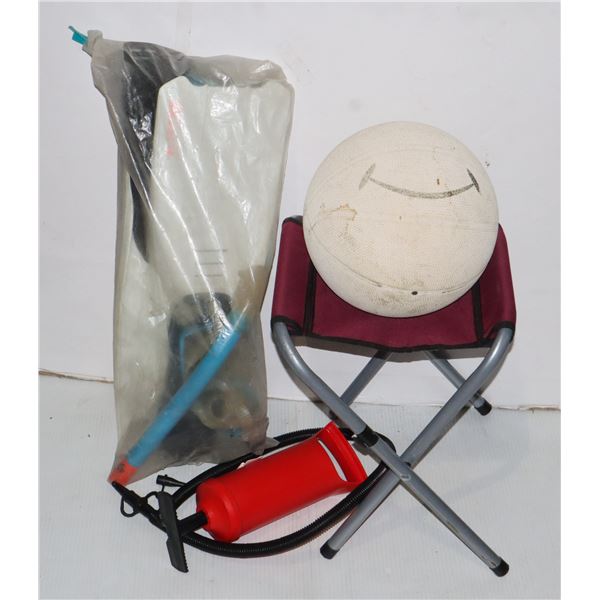 BOX OF CAMPING AND FUN ITEMS. AIR PUMP FOR