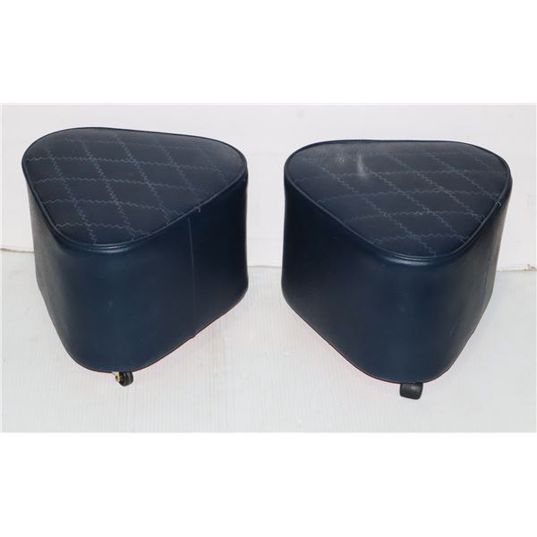 TWO VINTAGE BLUE STOOLS ON WHEELS