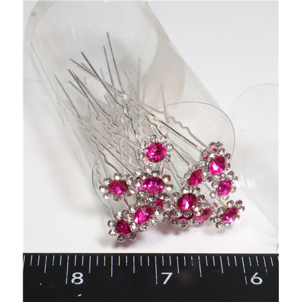 NEW FUCHSIA AND CLEAR RHINESTONE FLOWER HAIR PINS