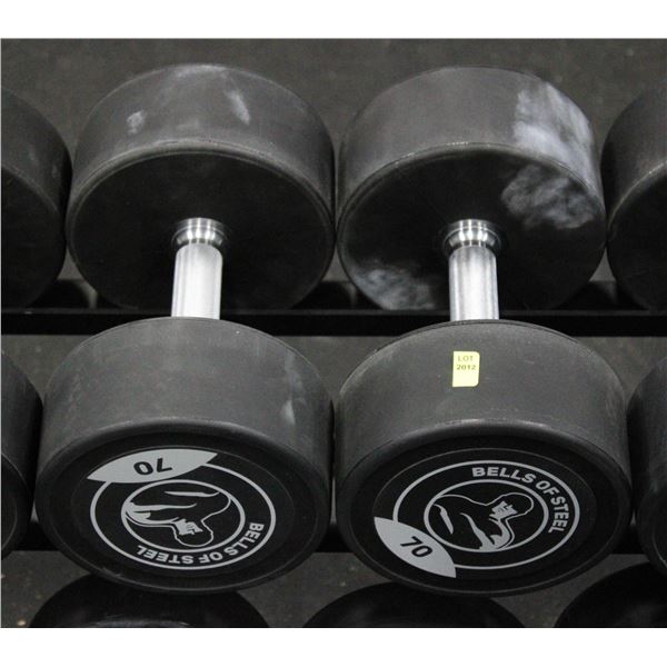 LOT OF 2 70LB BELLS OF STEEL URETHANE DUMBBELLS