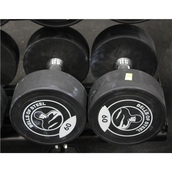 LOT OF 2 60LB BELLS OF STEEL URETHANE DUMBBELLS