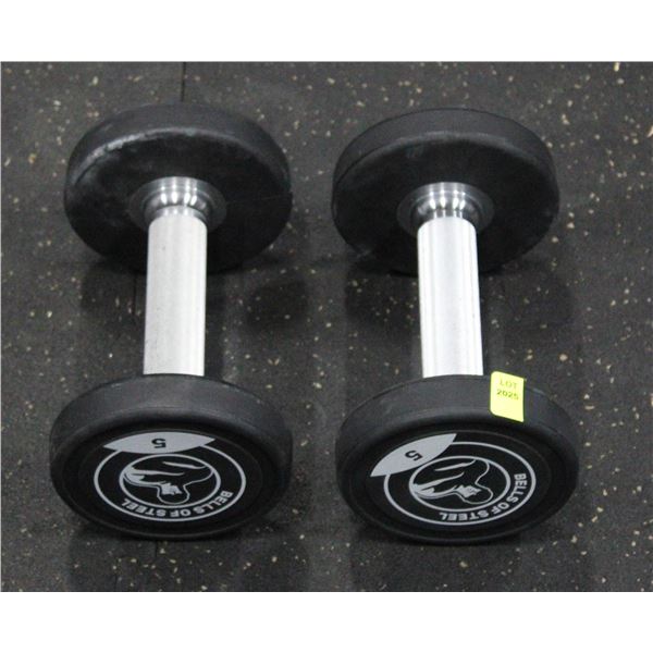 LOT OF 2 5LB BELLS OF STEEL URETHANE DUMBBELLS