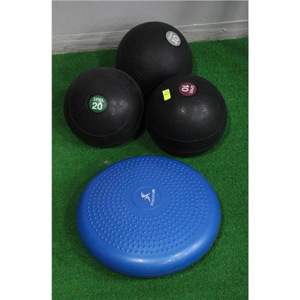 LOT OF 3 MEDICINE BALLS W/ CORE BLANANCE DISK